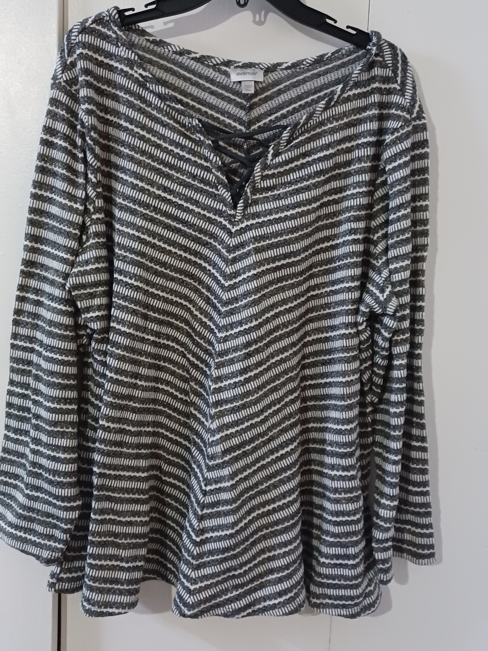 Avenue Black & White Striped Lace-Up Knit Top